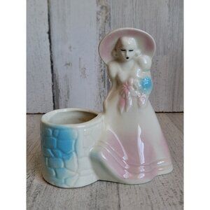 Vintage Victorian lady wishing well ceramic home decor figure